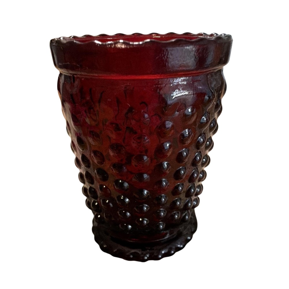 Ruby Red Hobnail Glass toothpick holder with Scalloped Rim. 3" tall Vintage 059‎